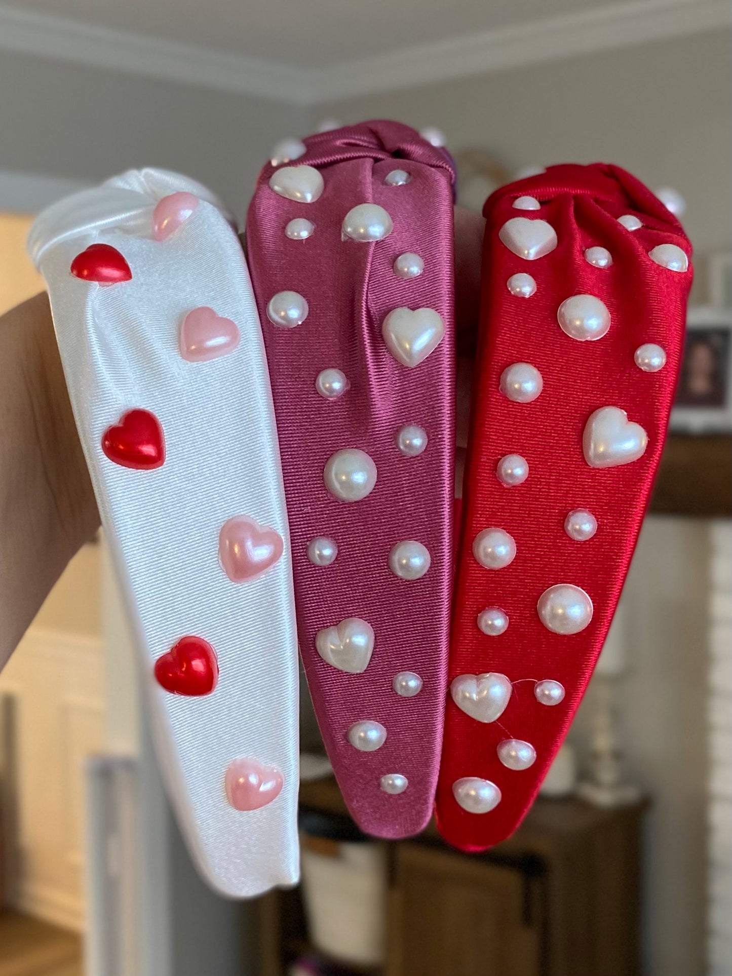 Pearl Hearts Satin Knotted Headband