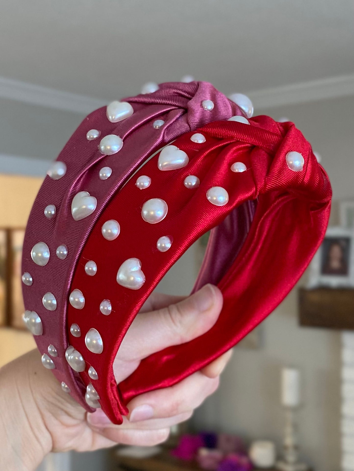 Pearl Hearts Satin Knotted Headband