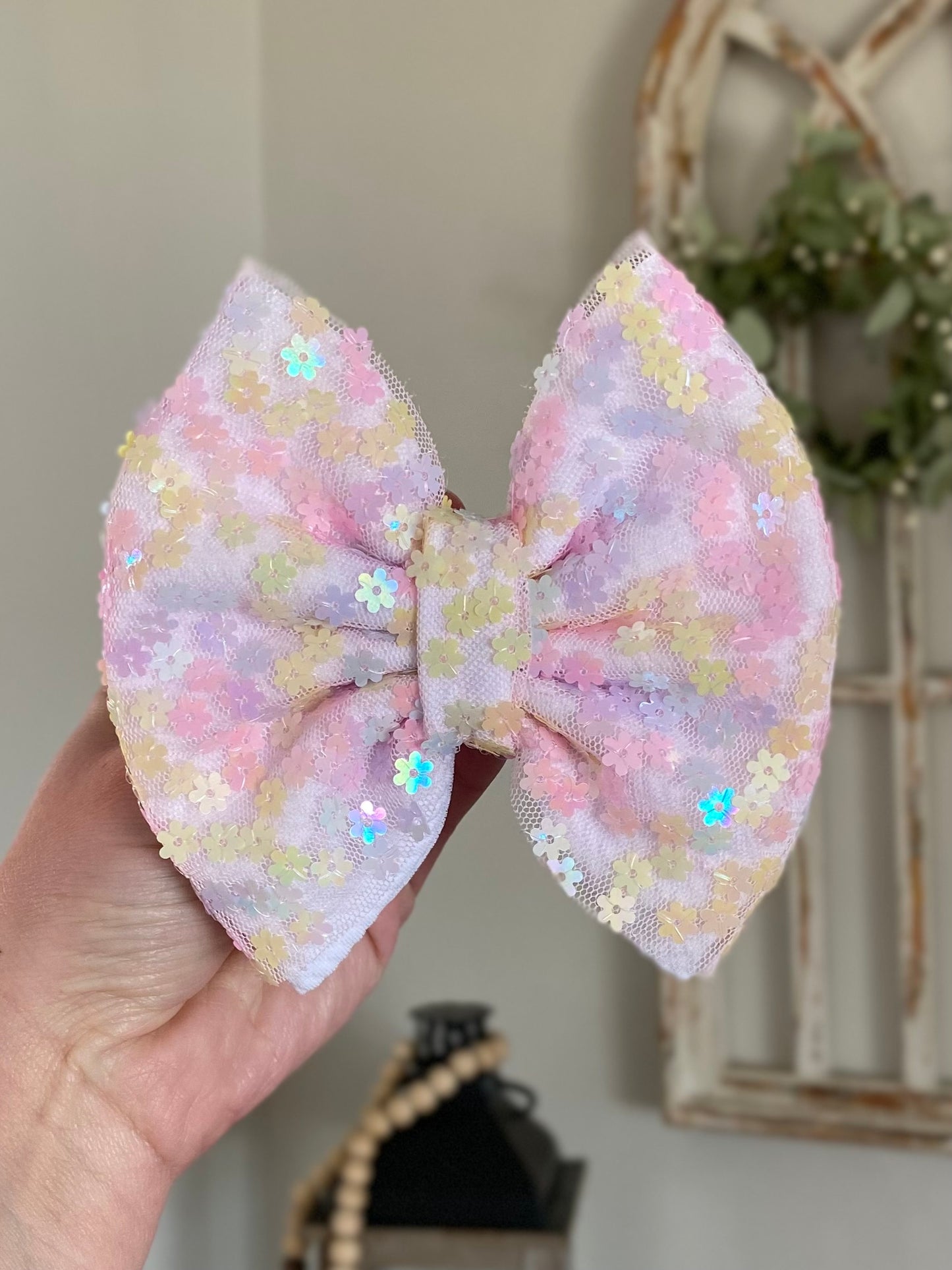 Floral Sequin Mesh Bow