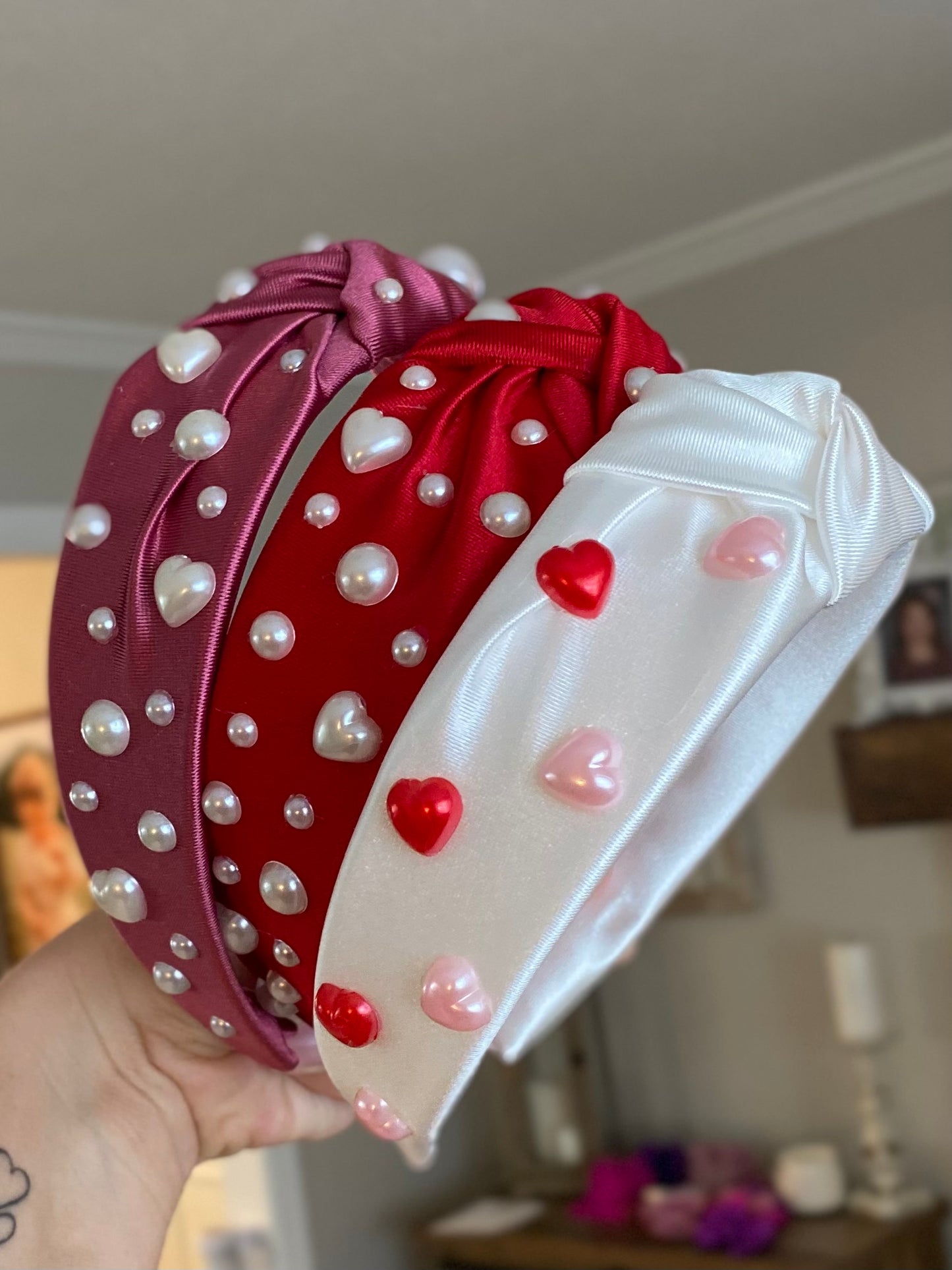 Pearl Hearts Satin Knotted Headband