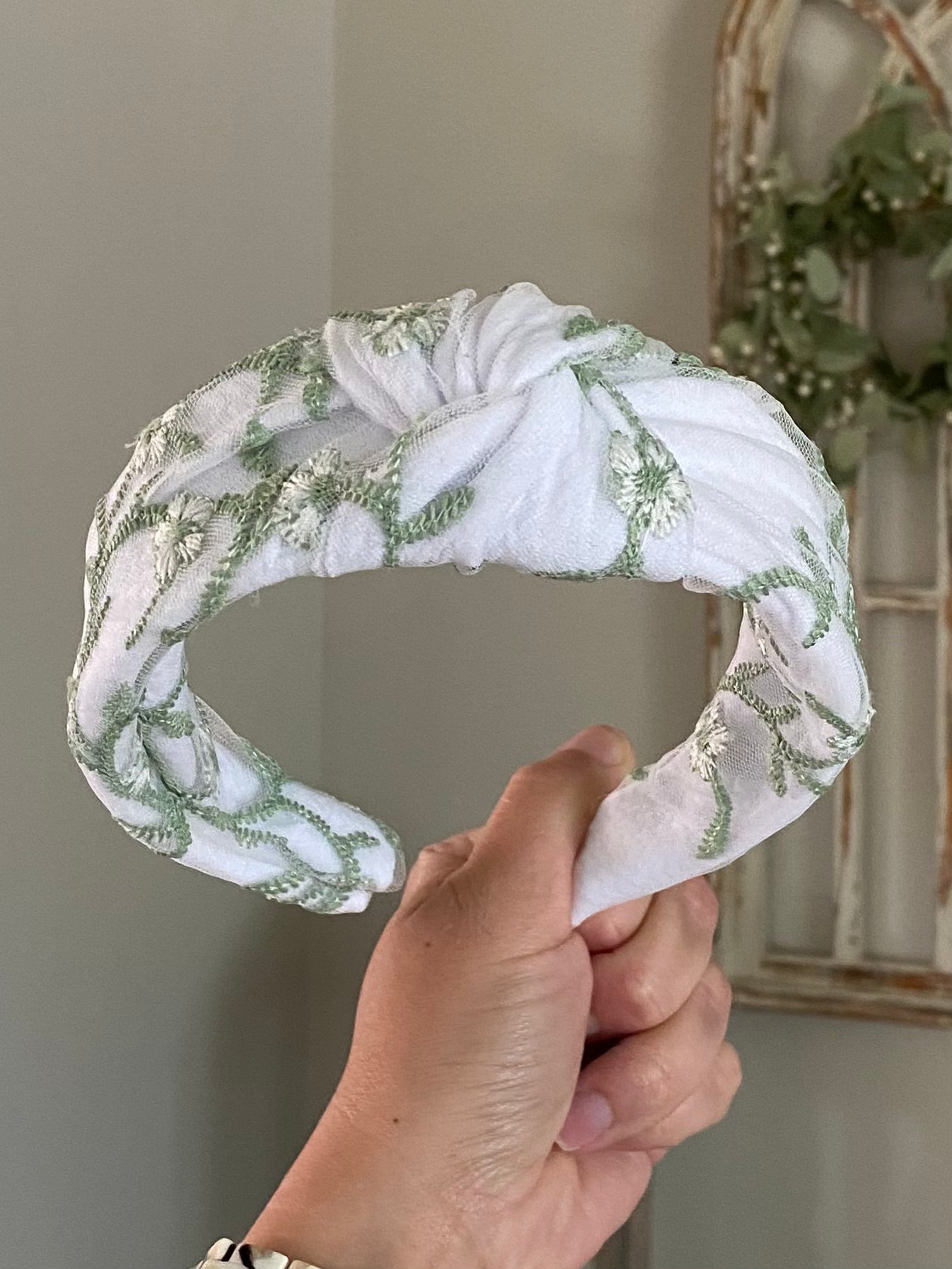Embroidered Sage Floral Mesh Knotted Headband