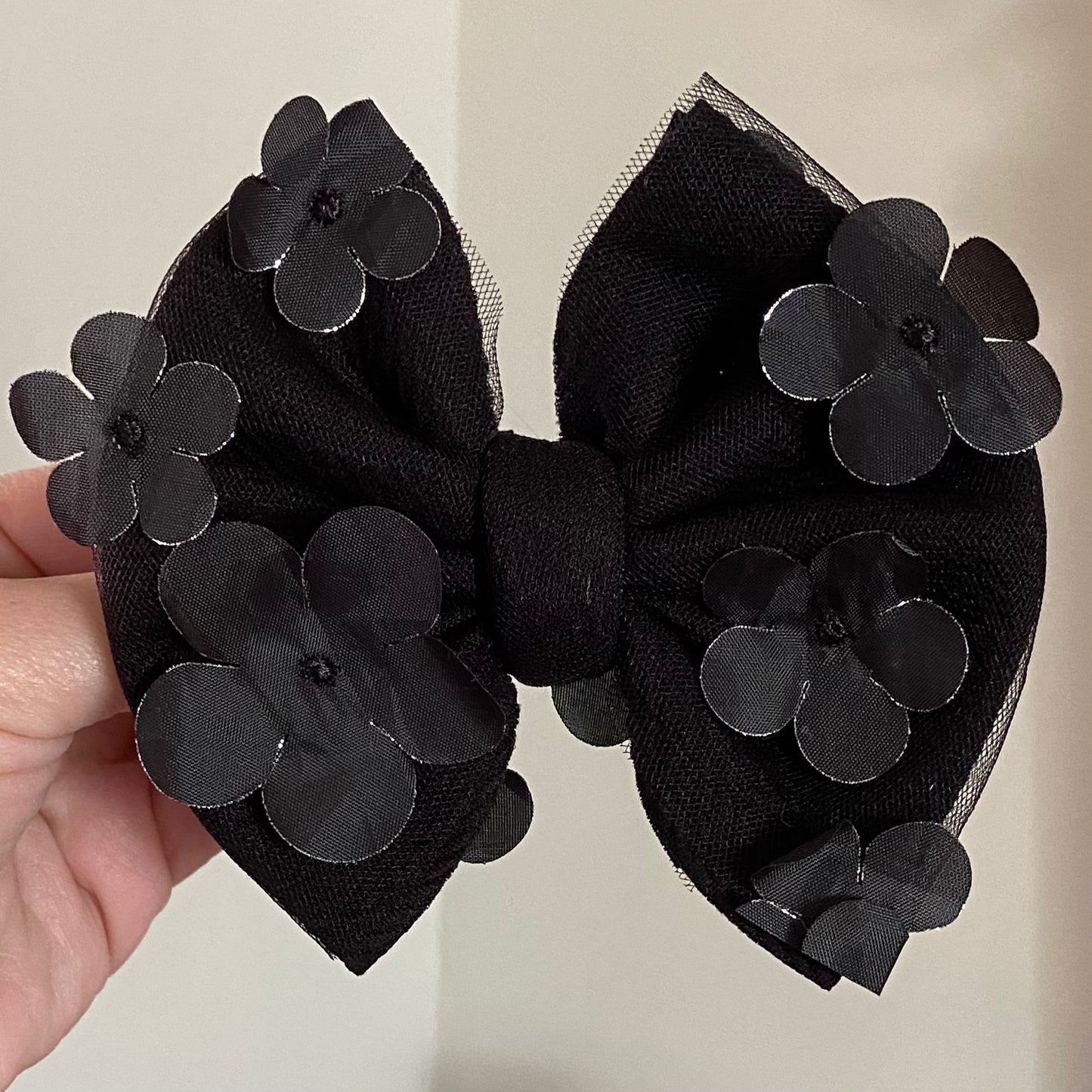 3D Black Floral Mesh Bow