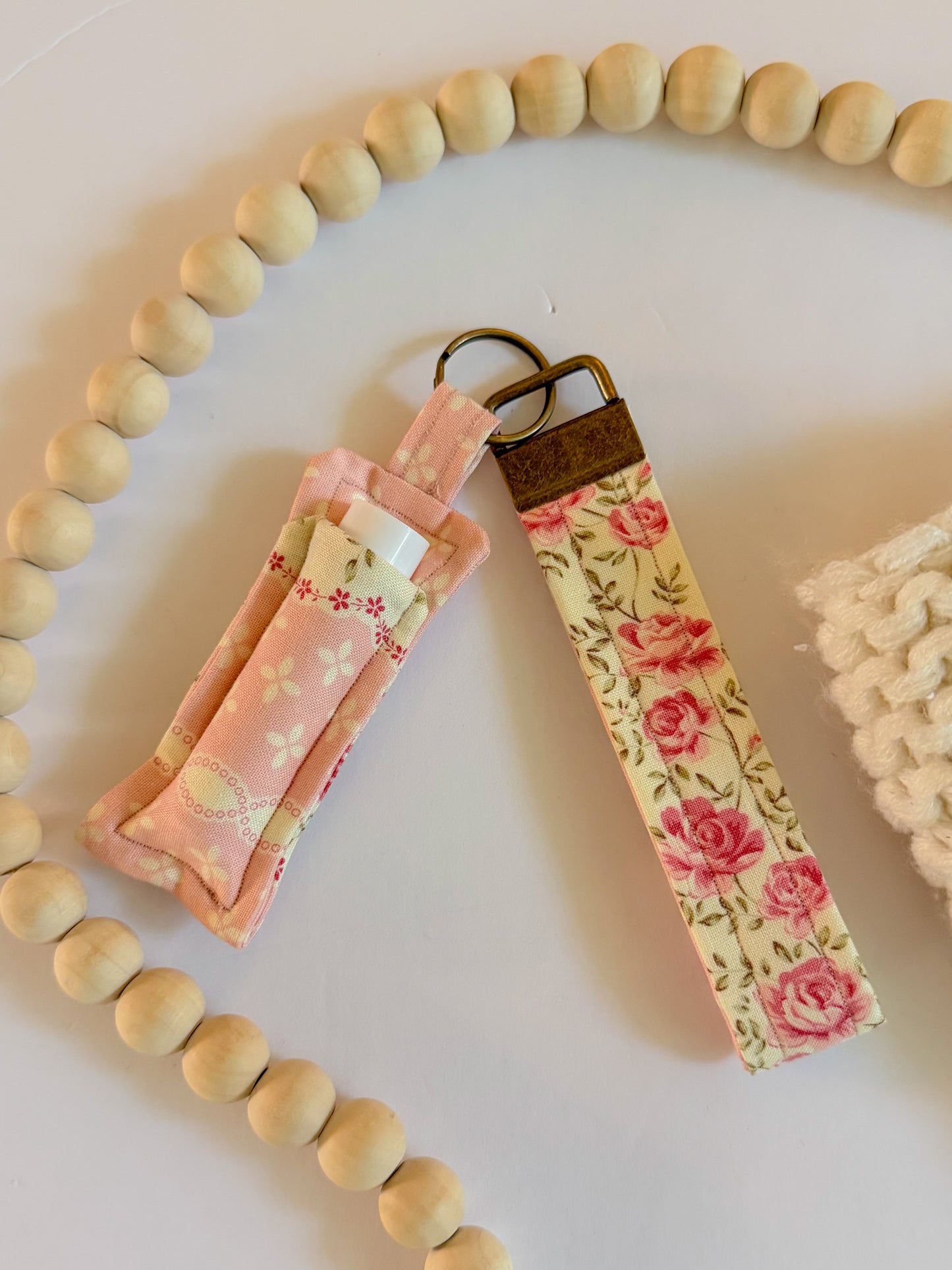 Vintage Floral Mini Wristlet Keychain and Chapstick Holder