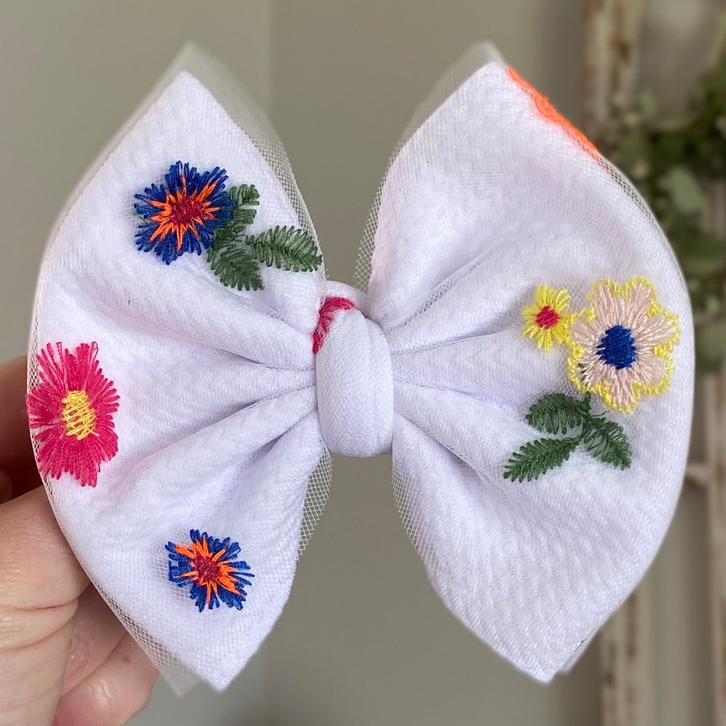 Embroidered Floral Mesh Bow