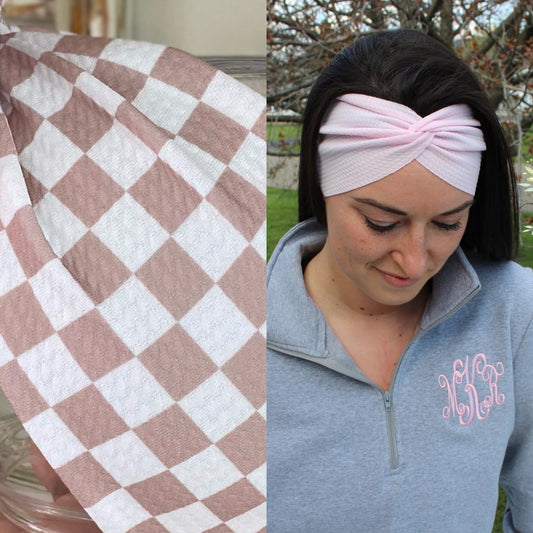 Cream/Beige Checkerboard Adult Twist Headband