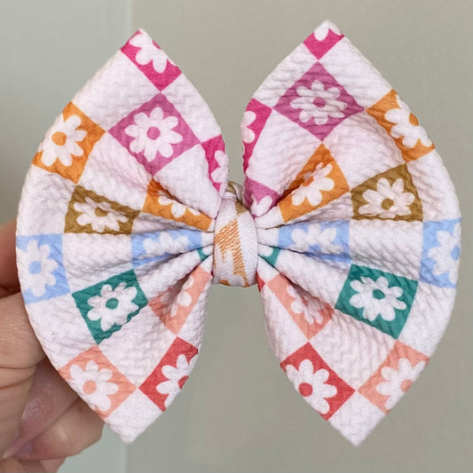 Floral Rainbow Checkerboard Bow