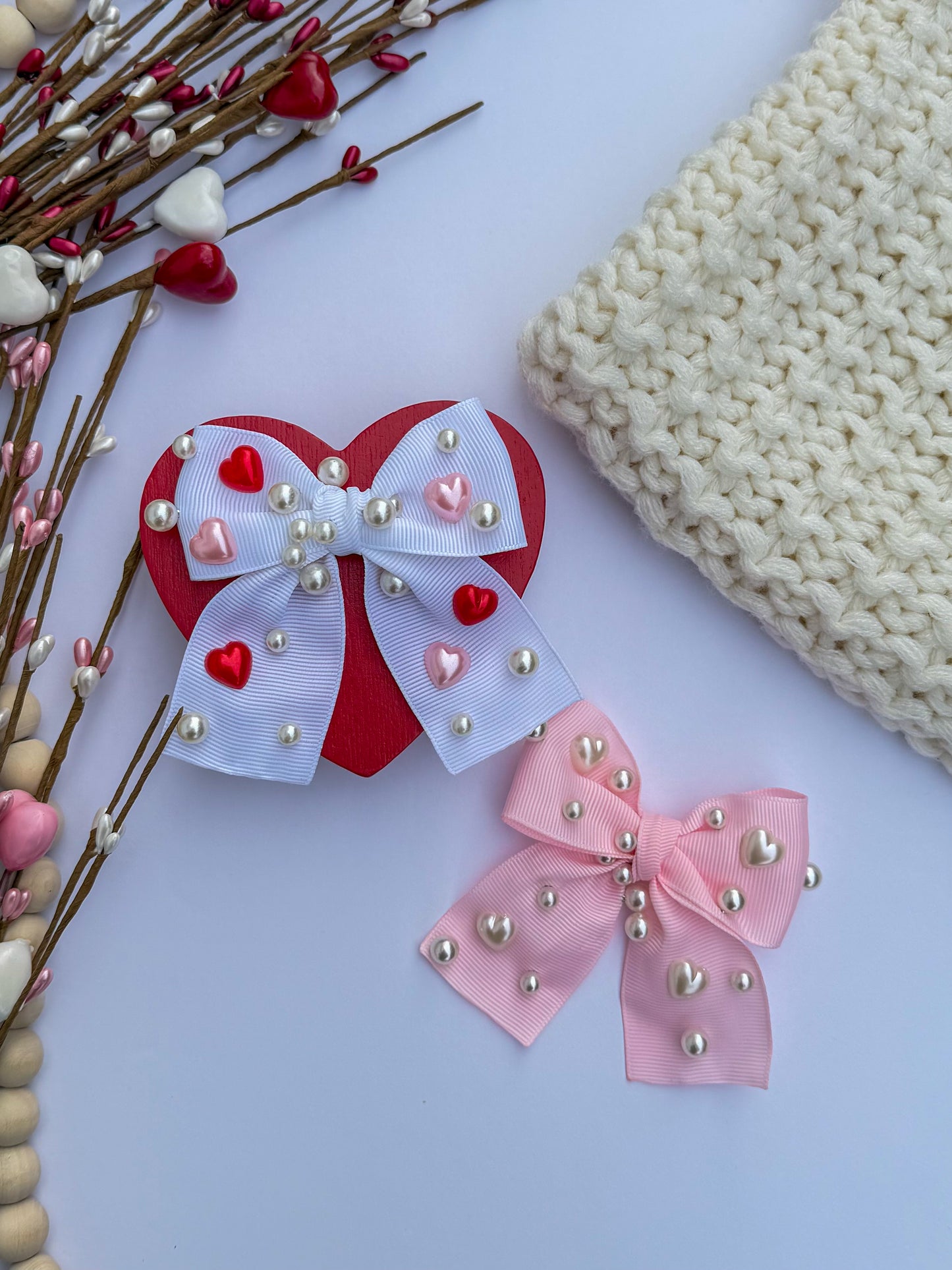Pearl Hearts Ribbon Bow