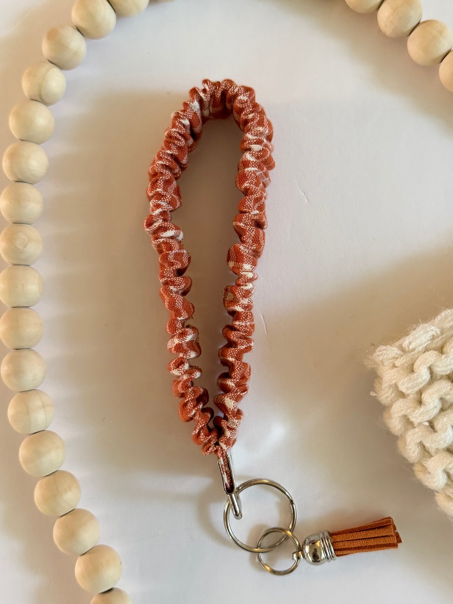 Burnt Orange Plaid Scrunchie Wristlet Keychain