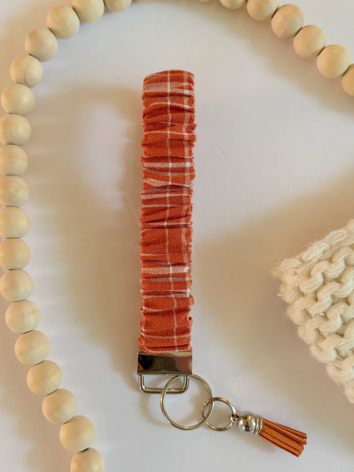 Burnt Orange Plaid Scrunchie Wristlet Keychain