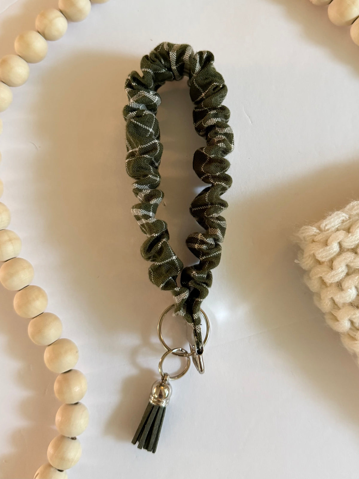 Olive Plaid Scrunchie Wristlet Keychain