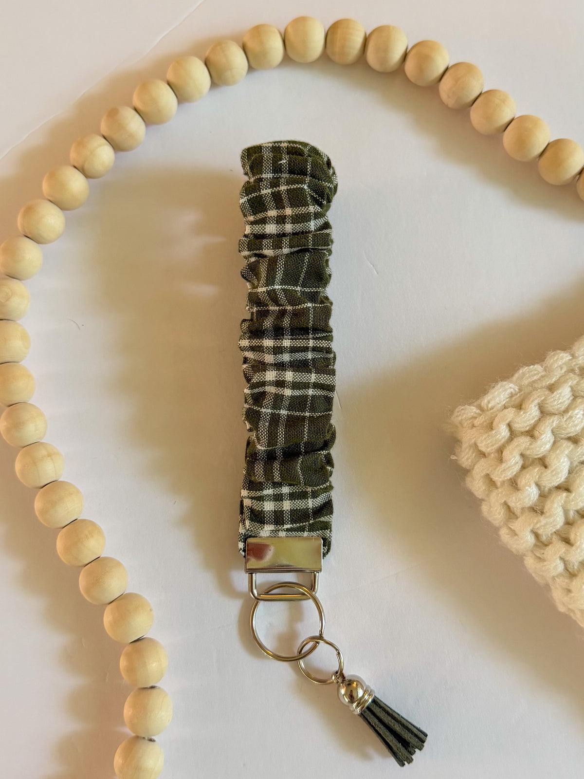Olive Plaid Scrunchie Wristlet Keychain