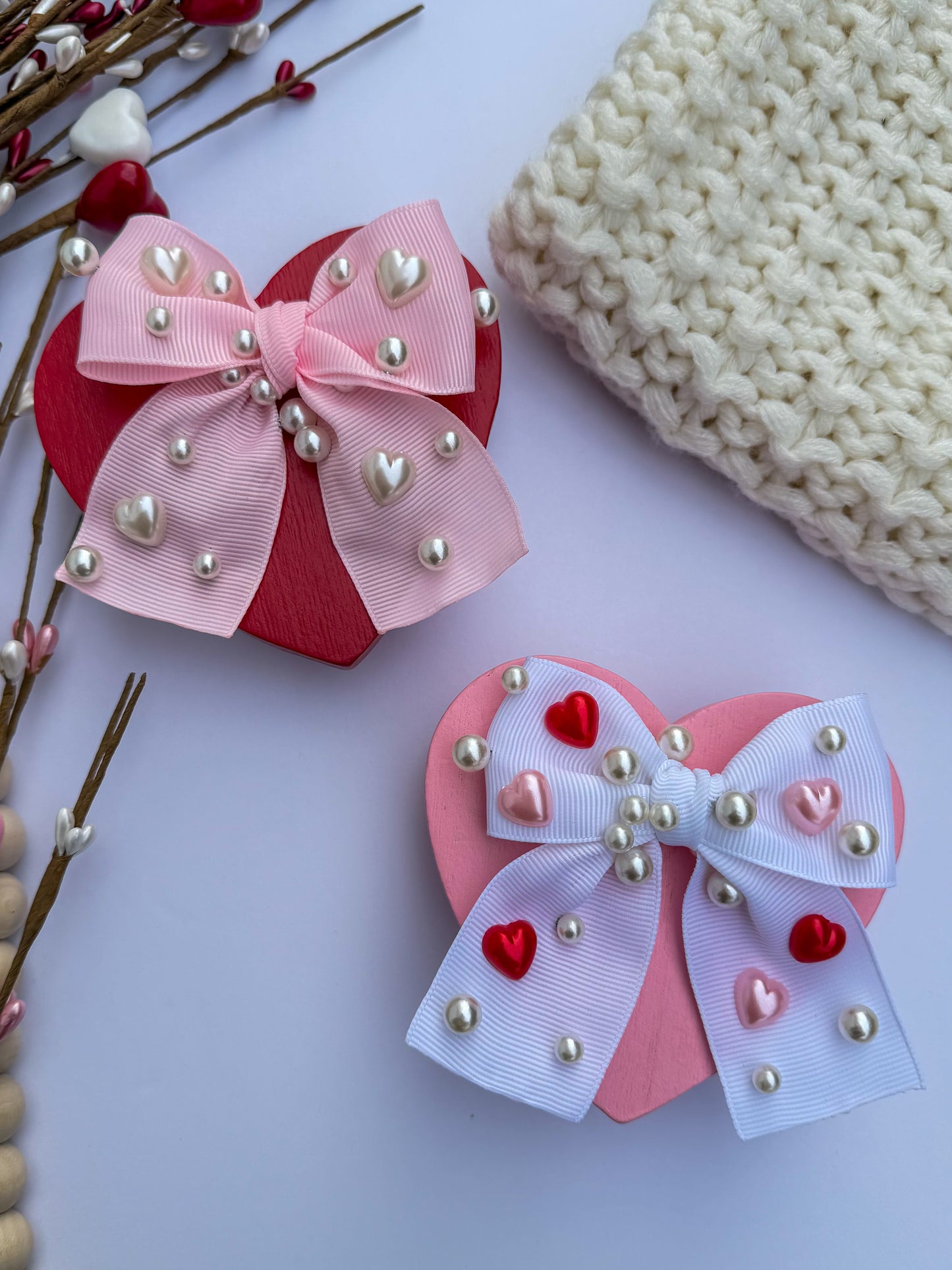 Pearl Hearts Ribbon Bow