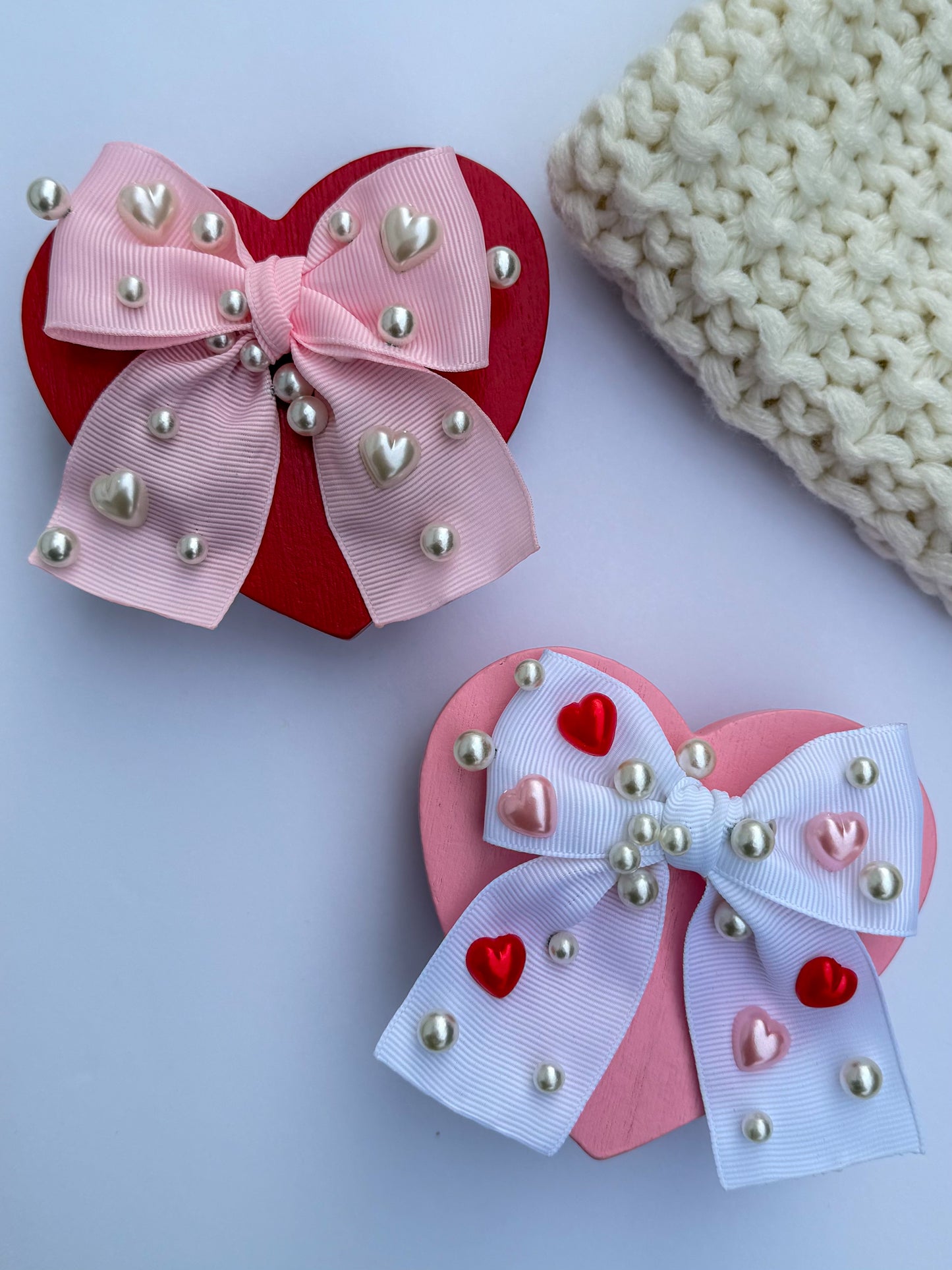Pearl Hearts Ribbon Bow