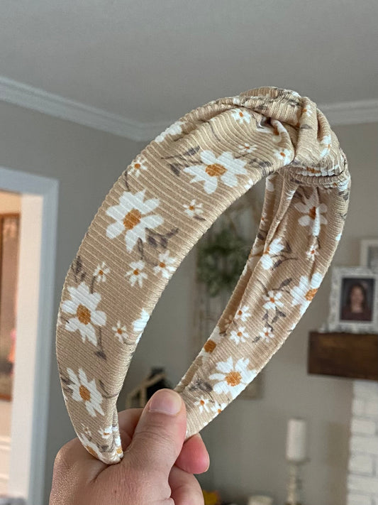 Ribbed Taupe Floral Knotted Headband