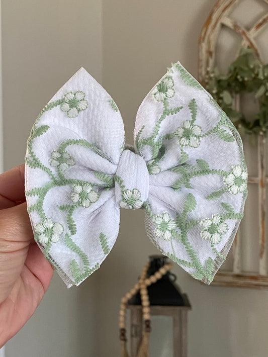 Embroidered Sage Floral Mesh Bow