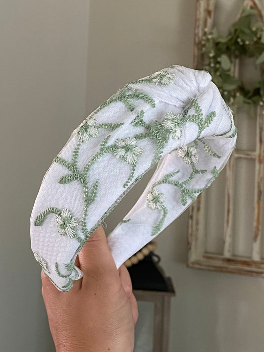 Embroidered Sage Floral Mesh Knotted Headband
