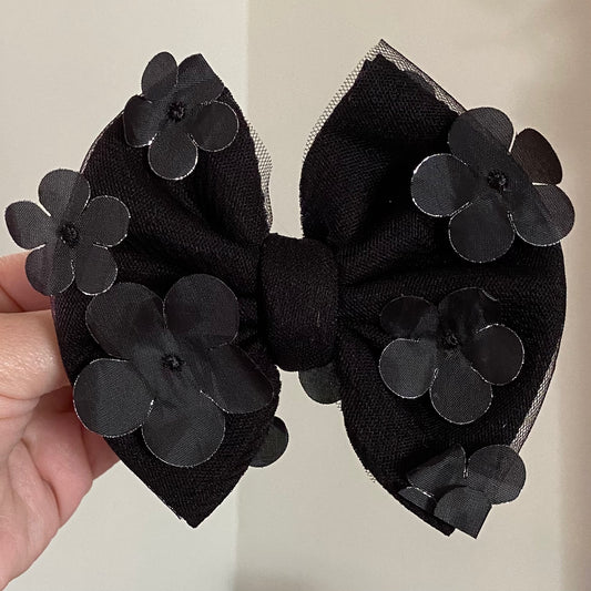 3D Black Floral Mesh Bow