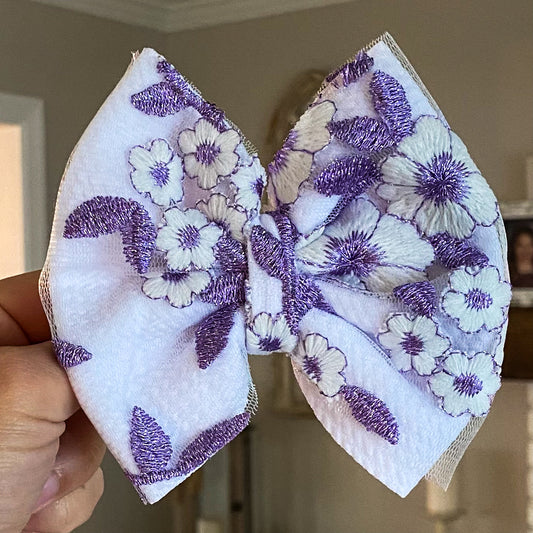 Embroidered Purple Floral Mesh Bow